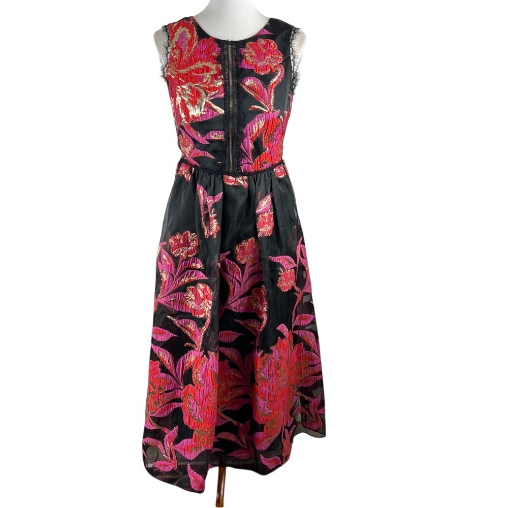 Marchesa Notte Black Floral Embroidered Sleeveless Midi Dress Size 6 Whimsigoth